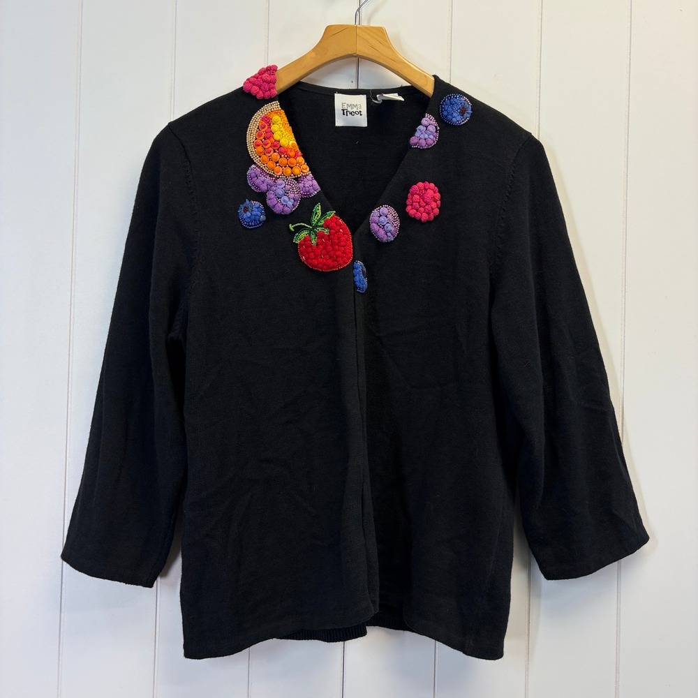Vintage Emma Tricot Fruit Beaded Cardigan Sweater Women Size XL Retro Teacher